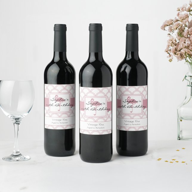 Art Deco Wave Patten Pink Flamingo Birthday Wine Label (Creator Uploaded)