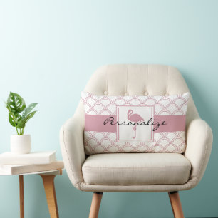 Art Deco Wave Patten Pink Flamingo Lumbar Cushion