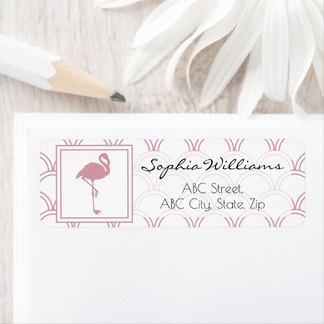 Art Deco Wave Patten Pink Flamingo Return Address Label (Insitu)