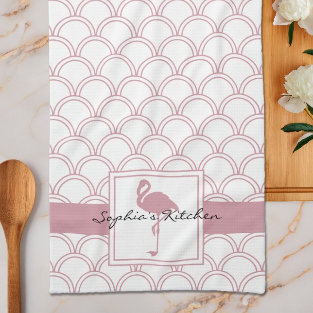Art Deco Wave Patten Pink Flamingo Tea Towel (Creator Uploaded)