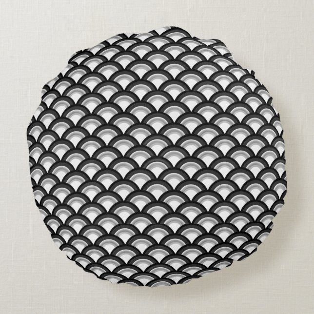 Art Deco wave pattern - black and white Round Cushion (Back)