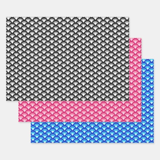Art Deco Wave Pattern, Black/White, Pink, Blue   Wrapping Paper Sheet (Set)