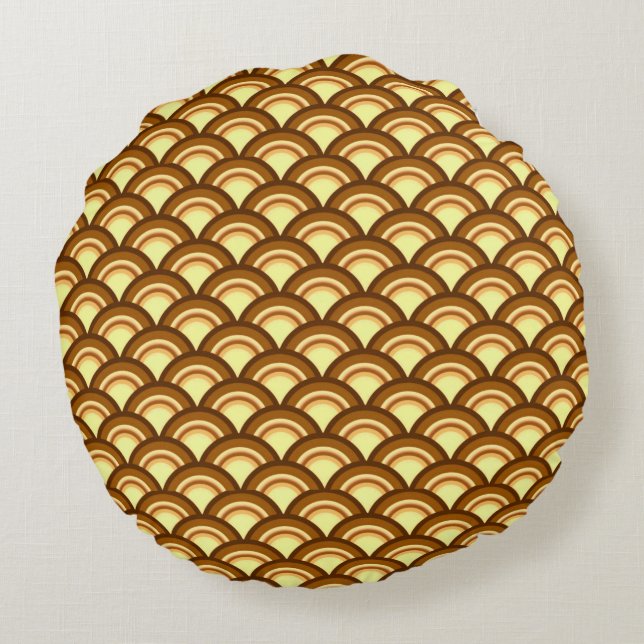Art Deco wave pattern - chocolate and yellow Round Cushion (Back)