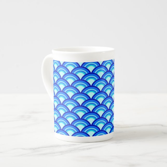 Art Deco wave pattern - cobalt and sky blue Bone China Mug (Front Left)
