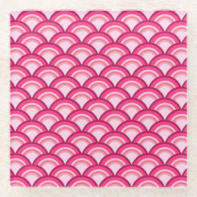 Art Deco wave pattern - fuchsia and coral Glass Coaster (Front)