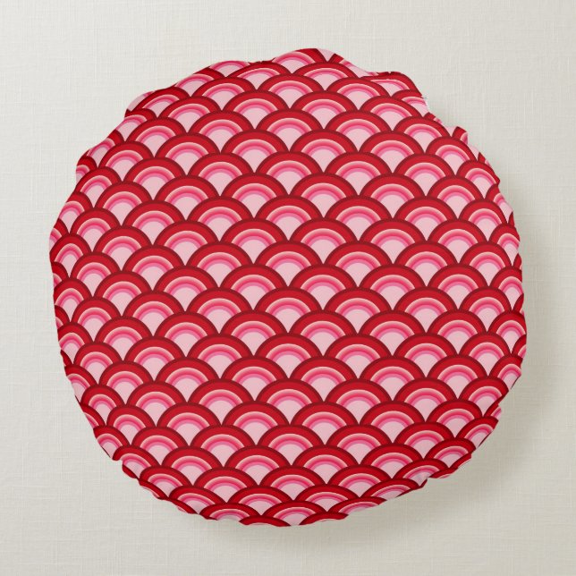 Art Deco wave pattern - red and fuchsia Round Cushion (Back)