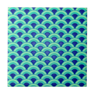 Art Deco wave pattern - turquoise and cobalt Ceramic Tile