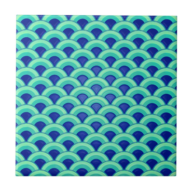 Art Deco wave pattern - turquoise and cobalt Ceramic Tile (Front)