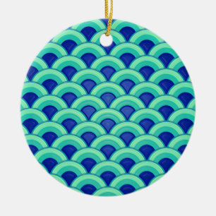 Art Deco wave pattern - turquoise and cobalt Ceramic Tree Decoration