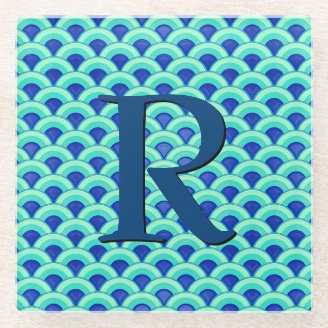 Art Deco wave pattern - turquoise and cobalt Glass Coaster (Front)