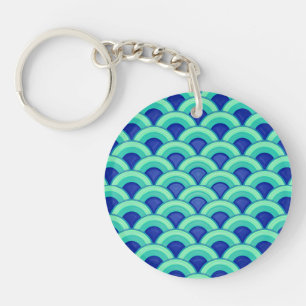 Art Deco wave pattern - turquoise and cobalt Key Ring