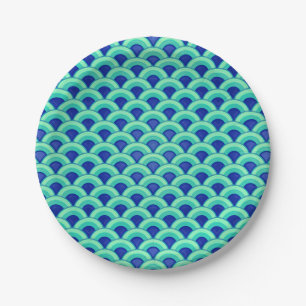 Art Deco wave pattern - turquoise and cobalt Paper Plate