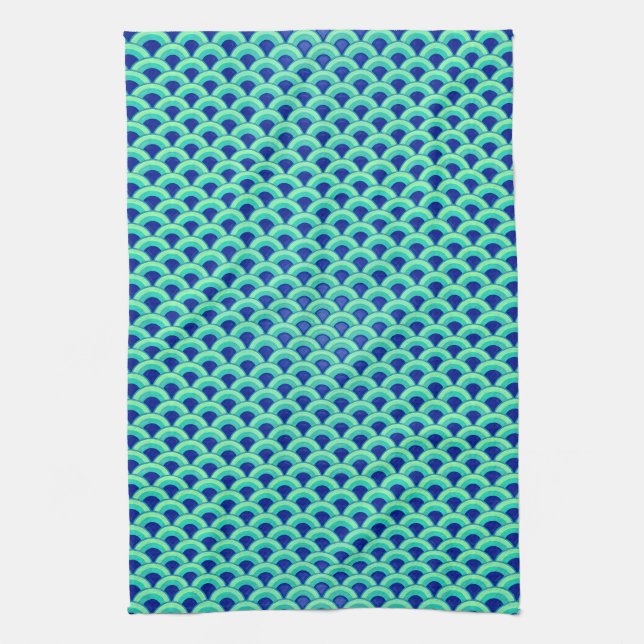 Art Deco wave pattern - turquoise and cobalt Tea Towel (Vertical)
