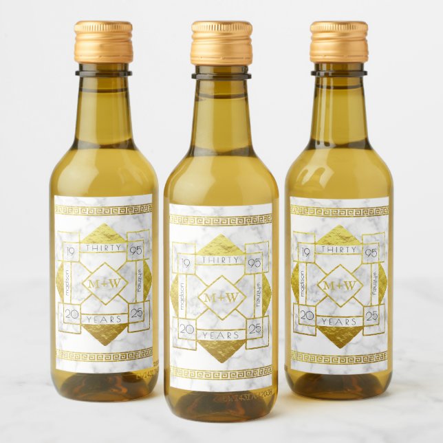 Art Deco Wedding Anniversary Marble Gold Foil Glam Wine Label (Bottles)