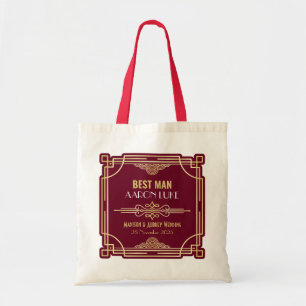 Art Deco Wedding Best Man Gold Burgundy Favour Tote Bag