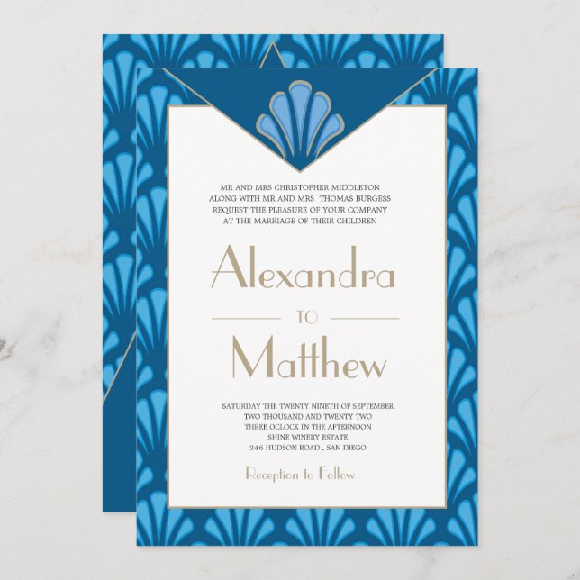 Art Deco Wedding Blue Roaring Twenties Vintage Invitation (Front/Back)