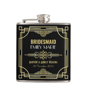 Art Deco Wedding Bridesmaid Gold Black Favour 1920 Hip Flask