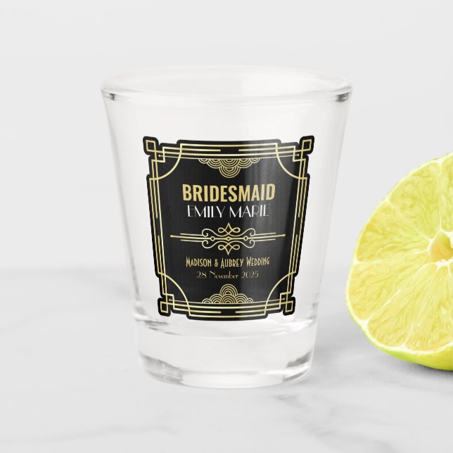 Art Deco Wedding Bridesmaid Gold Black Favour 1920 Shot Glass (Front)