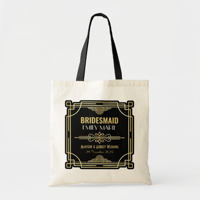 Art Deco Wedding Bridesmaid Gold Black Favour 1920 Tote Bag (Front)