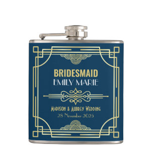 Art Deco Wedding Bridesmaid Gold Blue Favour 1920s Hip Flask