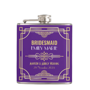 Art Deco Wedding Bridesmaid Gold Purple Favor Hip Flask