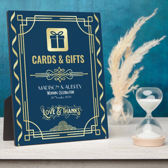 Art Deco Wedding Cards & Gifts Gold Blue Sign Plaque (Side)