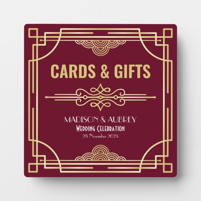Art Deco Wedding Cards & Gifts Gold Burgundy Sign Plaque (Front)