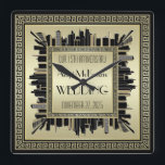 Art Deco Wedding Champagne Gold Gatsby Glamour Square Wall Clock<br><div class="desc">Create your very own Art Deco-style,  Great Gatsby-inspired design featuring a cityscape with greek key pattern frame in elegant champagne gold and black. Replace the sample text with your own for a personalised gift. Makes a wonderful gift for wedding,  anniversary,  birthday,  Father’s Day,  promotion,  retirement and other special occasions.</div>