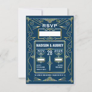 Art Deco Wedding Classy Gold Blue RSVP Response