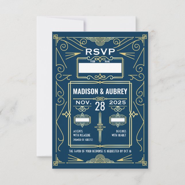 Art Deco Wedding Classy Gold Blue RSVP Response (Front)