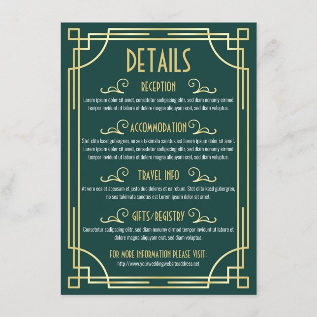 Art Deco Wedding Details Map Accommodation Info Enclosure Card (Front)