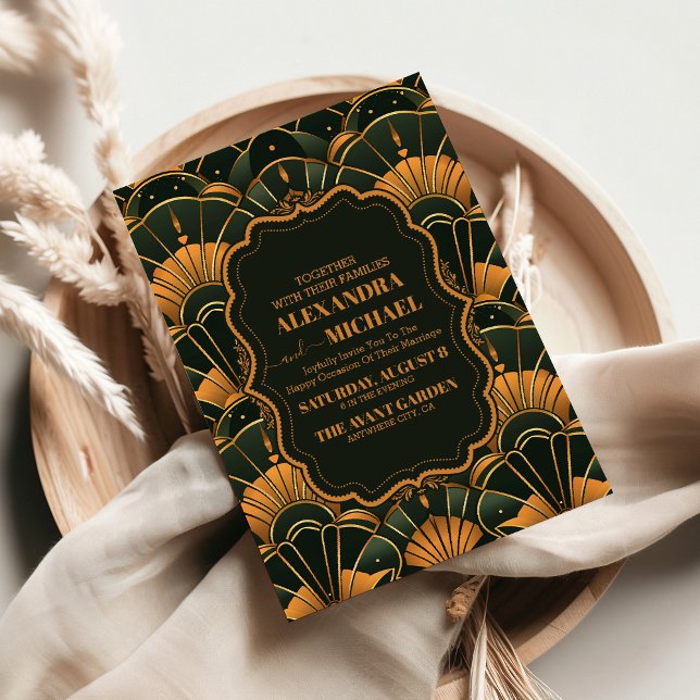 Art Deco Wedding Diamond Gold and Green  Invitation (Creator Uploaded)