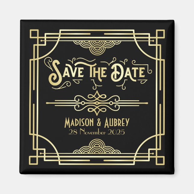 Art Deco Wedding Elegant Gold Black Save the Date Magnet (Front)