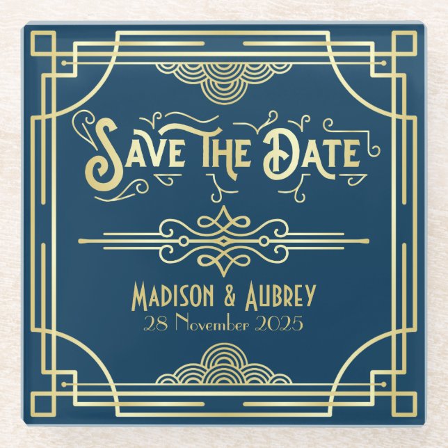 Art Deco Wedding Elegant Gold Blue Save the Date Glass Coaster (Front)