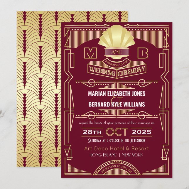 Art Deco Wedding Elegant Gold Burgundy Gatsby Invitation (Front/Back)