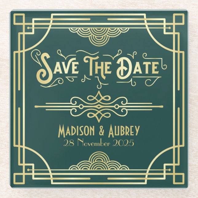 Art Deco Wedding Elegant Gold Green Save the Date Glass Coaster (Front)