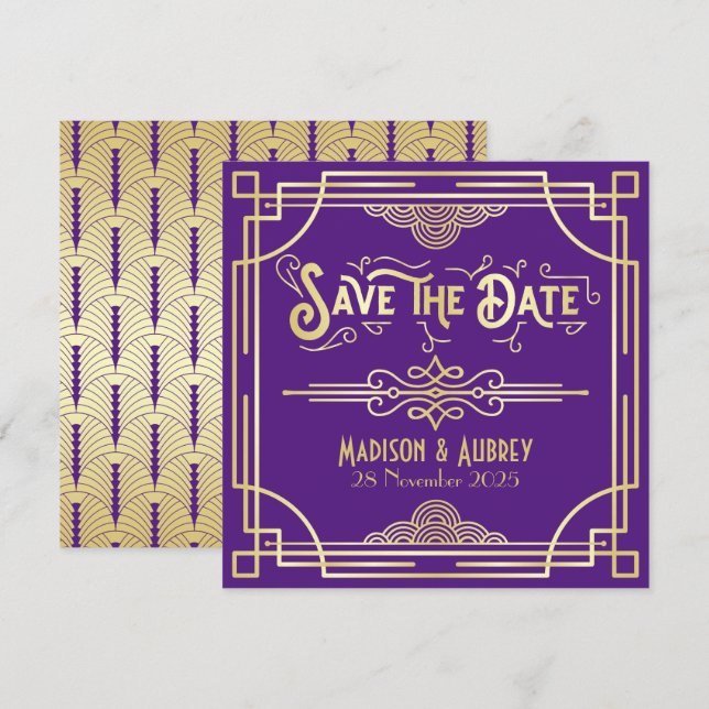 Art Deco Wedding Elegant Gold Purple Great Gatsby Save The Date (Front/Back)