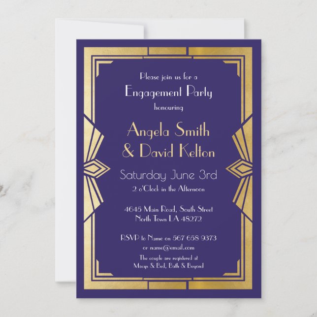 Art Deco Wedding Engagement Gatsby Navy Invitation (Front)