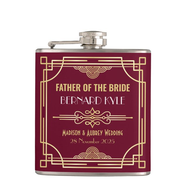 Art Deco Wedding Father of the Bride Gold Burgundy Hip Flask (Front)