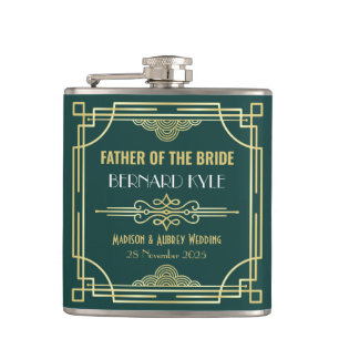 Art Deco Wedding Father of the Bride Gold Green Hip Flask