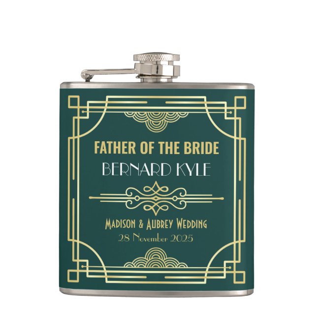 Art Deco Wedding Father of the Bride Gold Green Hip Flask (Front)