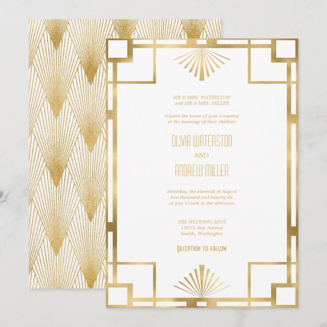 Art Deco Wedding | Gold and White Invitations (Front/Back)