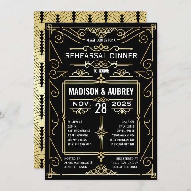 Art Deco Wedding Gold Black Rehearsal Dinner Invitation (Front/Back)