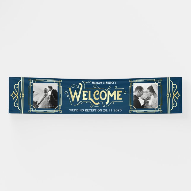 Art Deco Wedding Gold Blue Reception Dinner Party Banner (Horizontal)