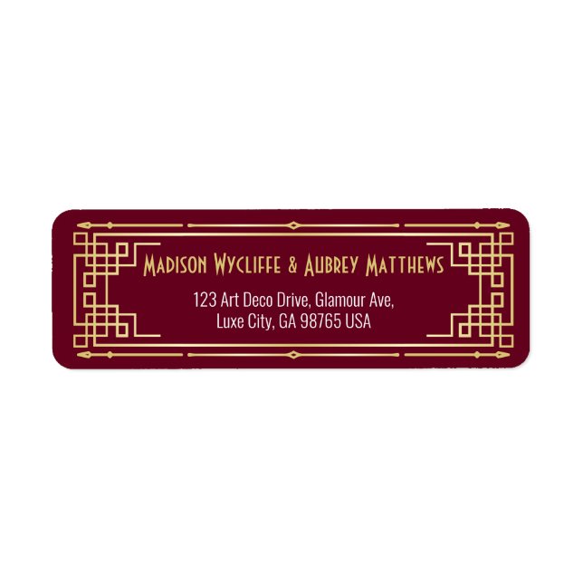 Art Deco Wedding Gold Burgundy Mail Return Address Label (Front)