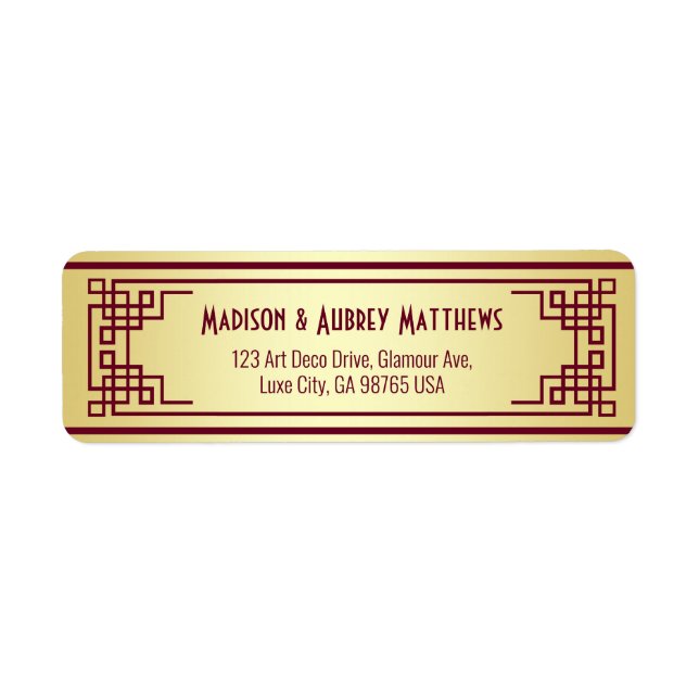 Art Deco Wedding Gold Burgundy Return Address Label (Front)