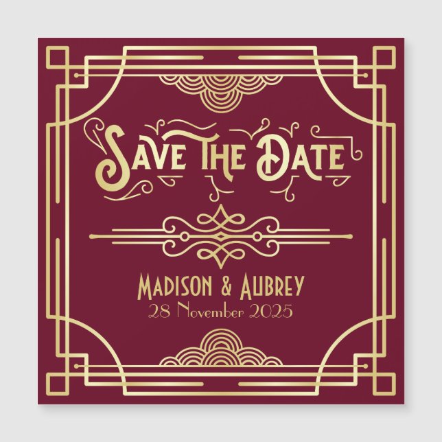 Art Deco Wedding Gold Burgundy Save the Date (Front)