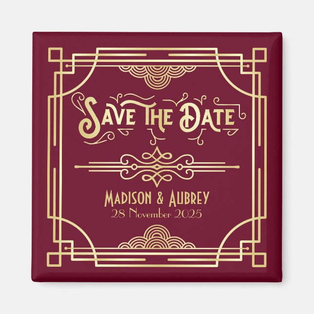 Art Deco Wedding Gold Burgundy Save the Date Magnet (Front)