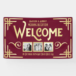 Art Deco Wedding Gold Burgundy Three Photo Welcome Banner