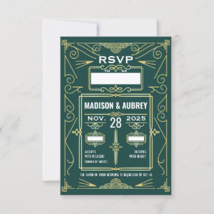 Art Deco Wedding Gold Dark Green RSVP Response
